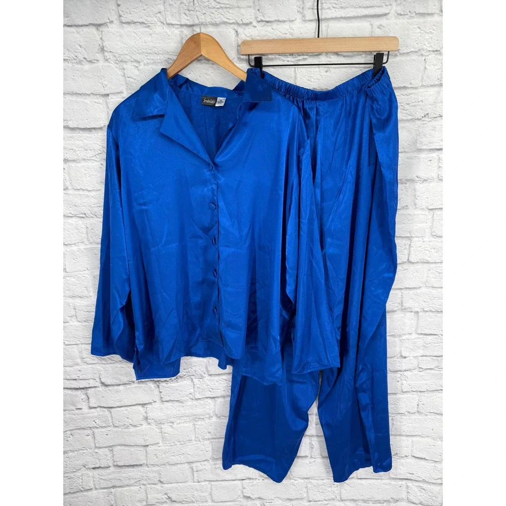 Frederick's of Hollywood 3X Cobalt Blue Satin Pajama Set Wide Leg Lounge Y2K